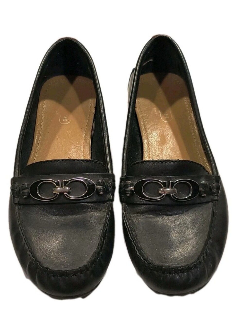 COACH Fortunata Black Leather Driving Mocs Loafers Silver Horsebit Women’s 6M
